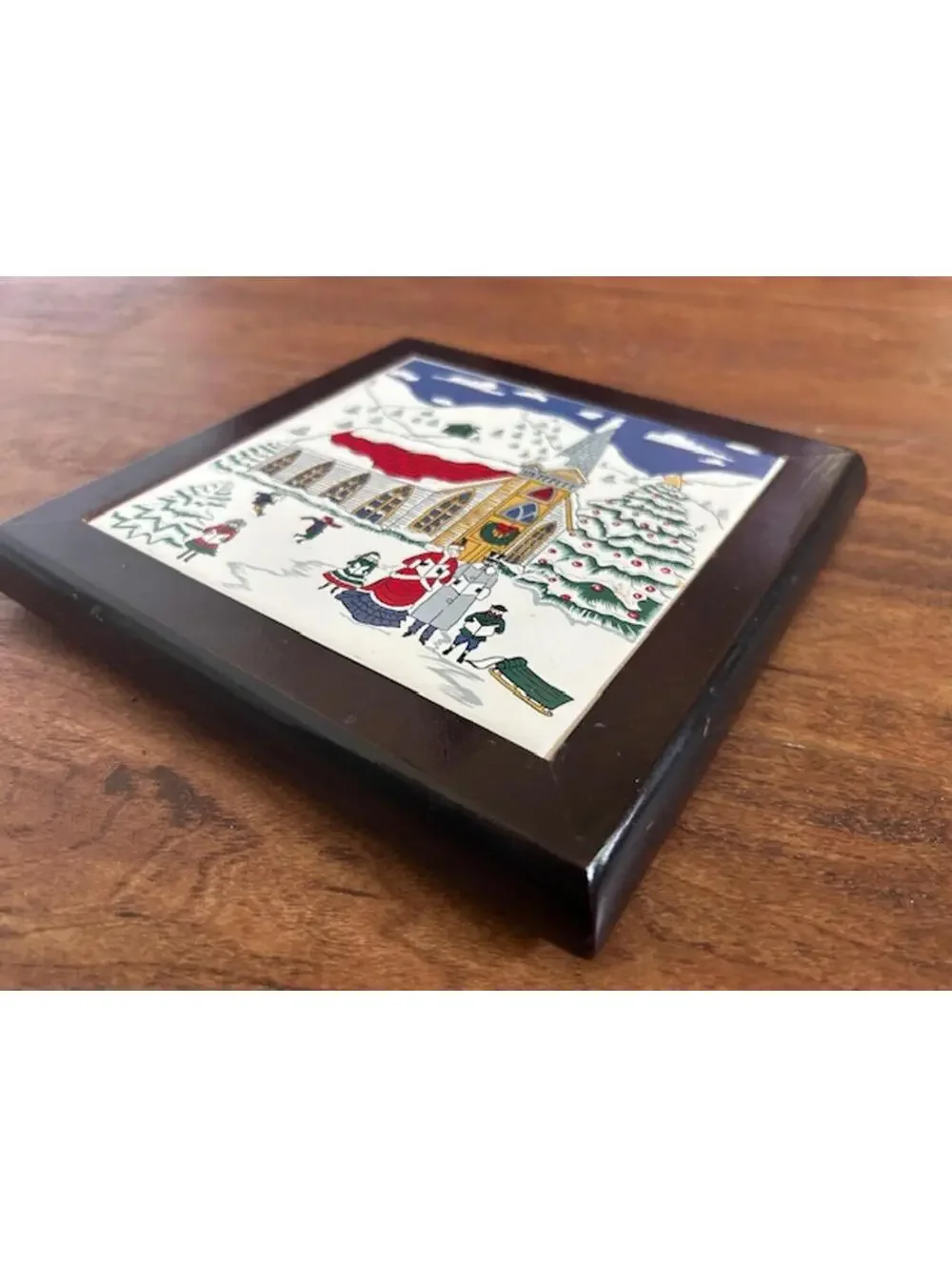 Vintage Winter Scene Decorative Wall Tile or Trivet with Wooden Frame